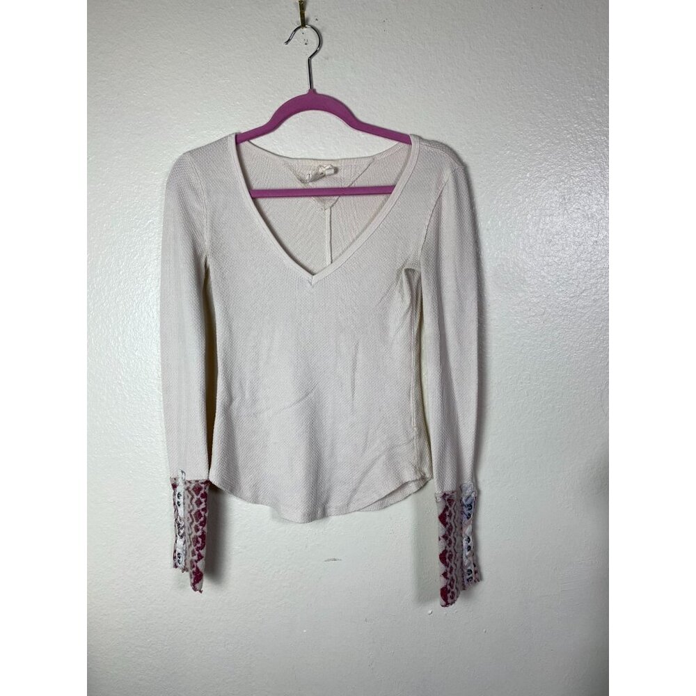 Free People Thermal Waffle knit Cream Long Sleeve V-Neck Sweater Size Small Y2K